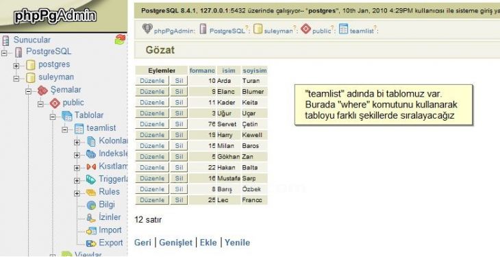 Postgresql WHERE kullanımı